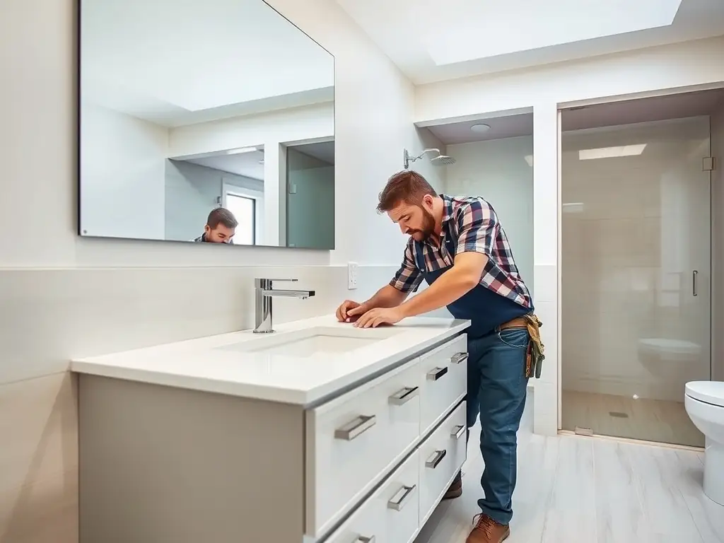 A contractor installing a modern vanity in a bright bathroom.